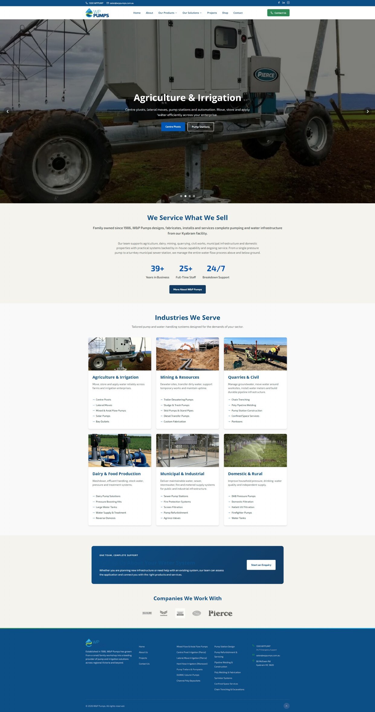 W&P Pumps home page showing an agriculture and irrigation hero banner with a centre pivot